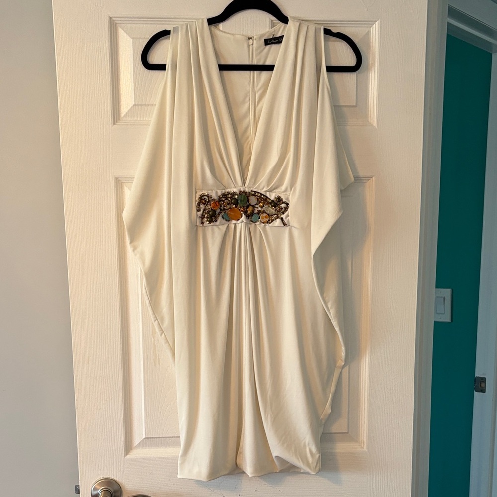 Embellished Ivory V-Neck Dress